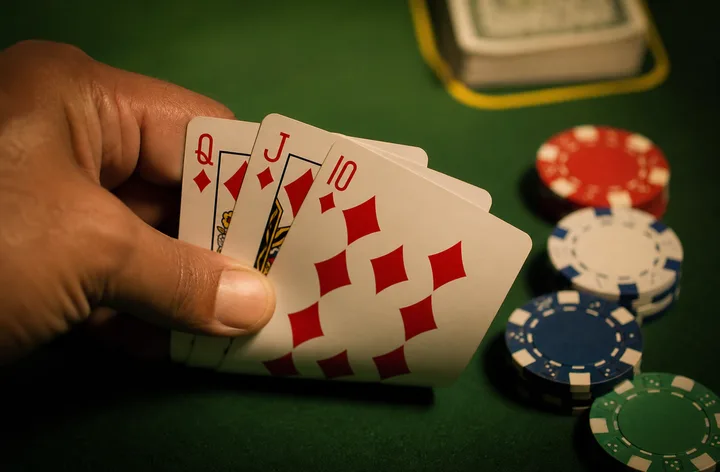 Physical Teen Patti cards on felt showing same-suit Colour and mixed-suit hand comparisons for adult learners