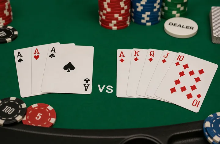 Two groups of three Teen Patti cards on felt comparing trail and pure sequence shapes