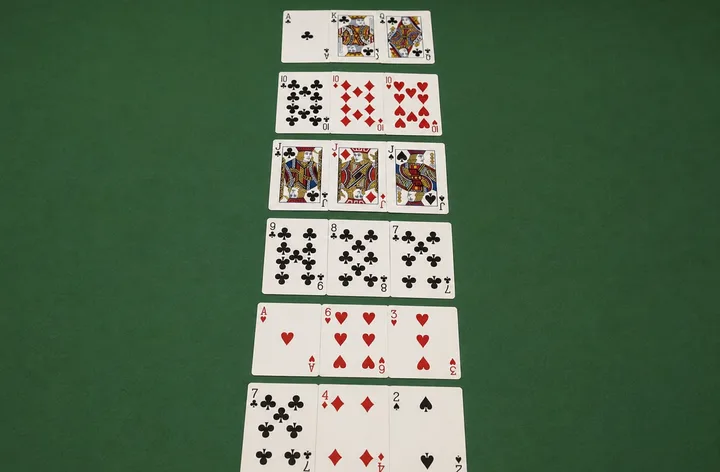 छह three-card hand groups highest से lowest