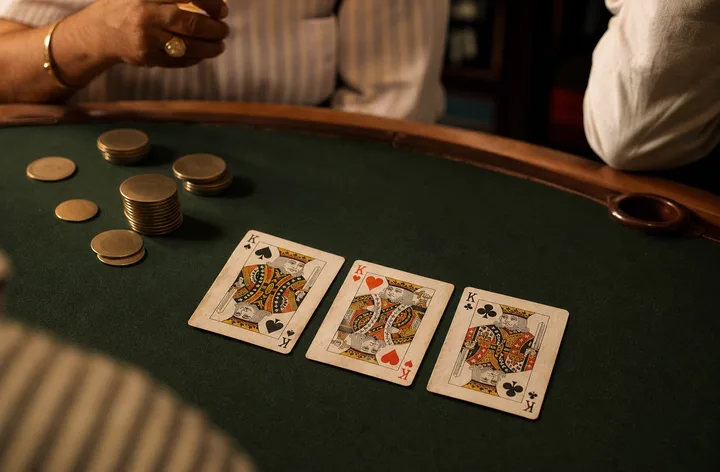 Adult Teen Patti learning table pairing Hindi and English hand names beside readable physical card groups