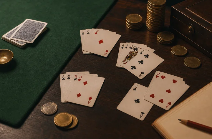Printable Teen Patti hand order reference desk with three-card examples for Hindi readers