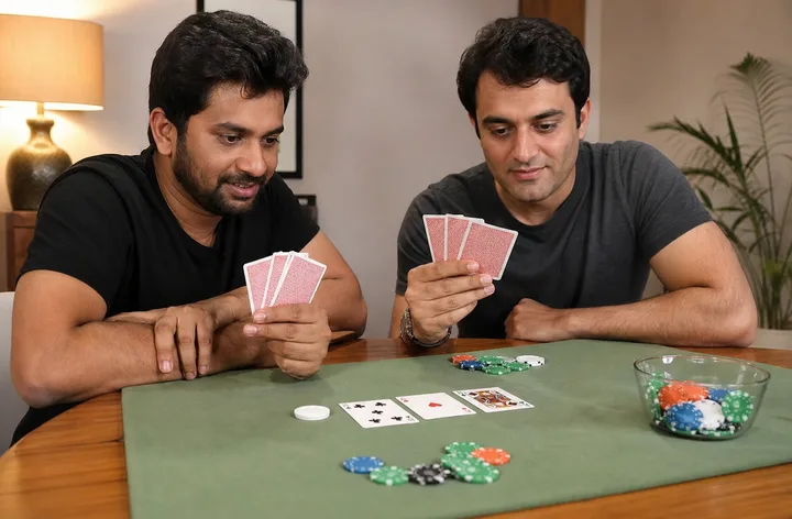 Two adult Teen Patti learners comparing show, side show and compromise action cards at a felt table