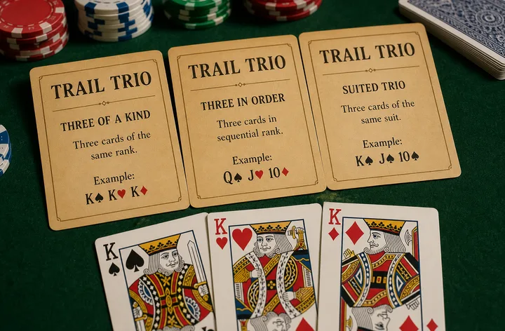 Trail or Trio Teen Patti example with three kings on a dark felt table
